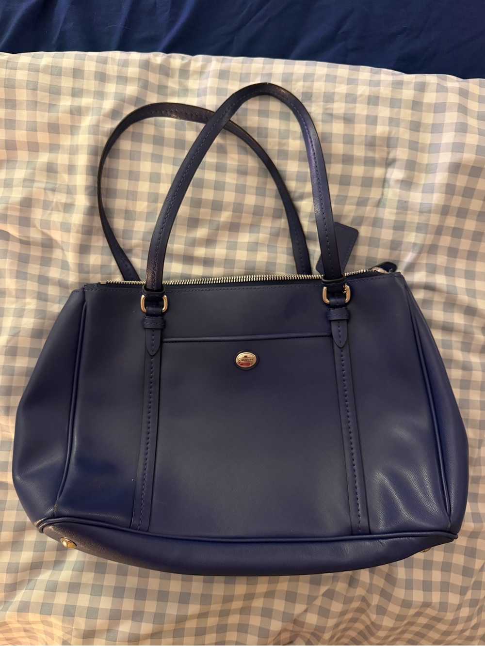 Classic Navy Coach Leather Tote Bag with Gold Hardware